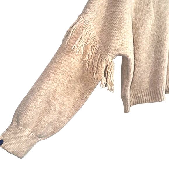 Happily Grey Fringe Sleeve Cropped Sweater Medium Tan Mock Neck - Picture 2 of 5